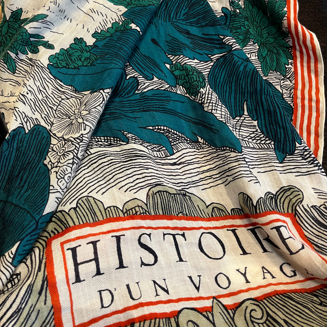Etole en cashmere, soie et laine au beau motif "Histoire d'un voyage"